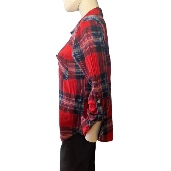 Sanctuary Red Plaid Cotton Linen Button-Down Shirt Top Size S - Picture 4 of 6